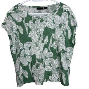 Tahari 100% linen Top‎ Women’s Palm Green White M relaxed fit Off-set Hemline